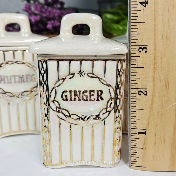 Vtg Iridescent Czechoslovakia Lusterware Labeled Spice Jars Set / 3 Ceramic Read - Picture 8 of 12